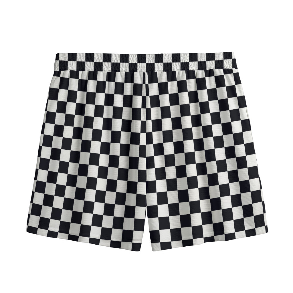 Black And White Checkered Pattern Print Mesh Shorts