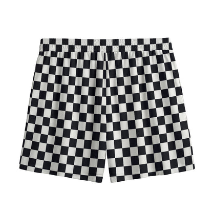 Black And White Checkered Pattern Print Mesh Shorts