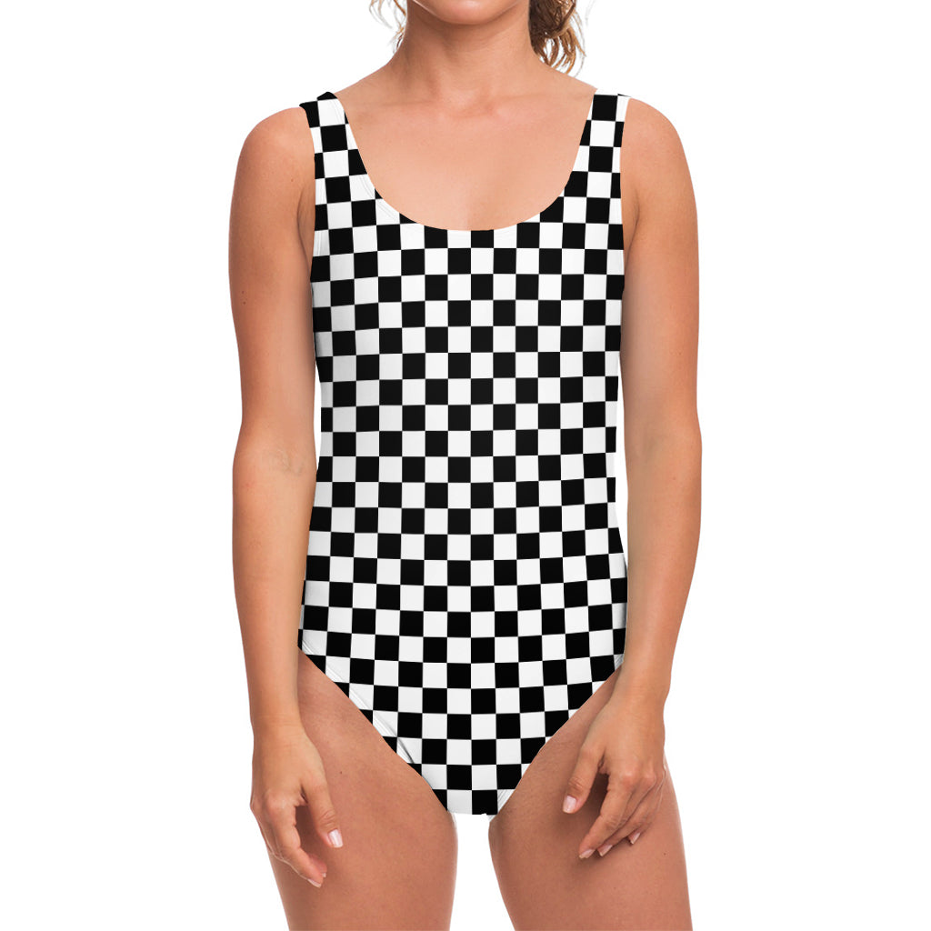 Black And White Checkered Pattern Print One Piece Swimsuit