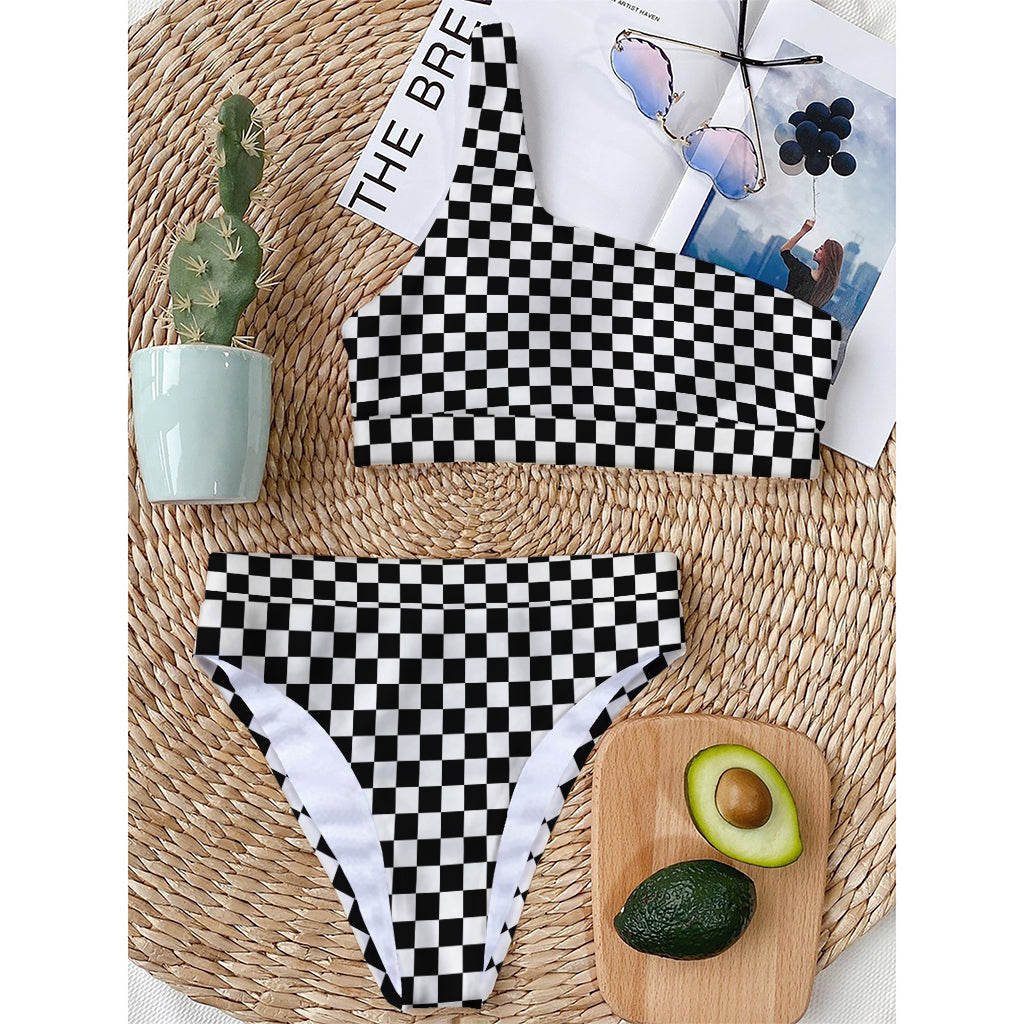 Black And White Checkered Pattern Print One Shoulder Bikini Top