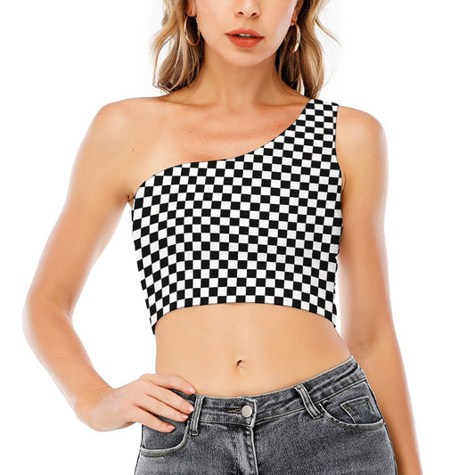 Black And White Checkered Pattern Print One Shoulder Crop Top