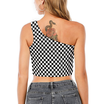 Black And White Checkered Pattern Print One Shoulder Crop Top