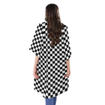 Black And White Checkered Pattern Print Open Front Beach Cover Up