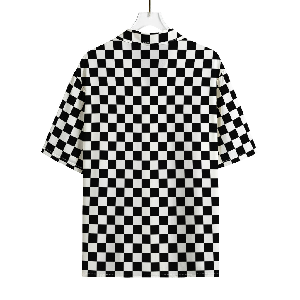 Black And White Checkered Pattern Print Rayon Hawaiian Shirt