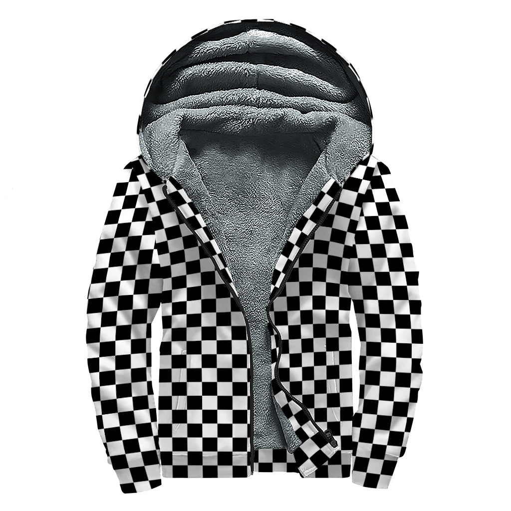 Black And White Checkered Pattern Print Sherpa Lined Zip Up Hoodie