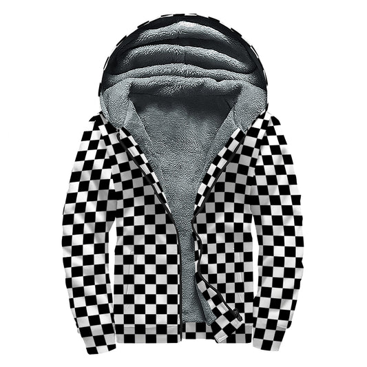 Black And White Checkered Pattern Print Sherpa Lined Zip Up Hoodie