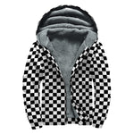 Black And White Checkered Pattern Print Sherpa Lined Zip Up Hoodie