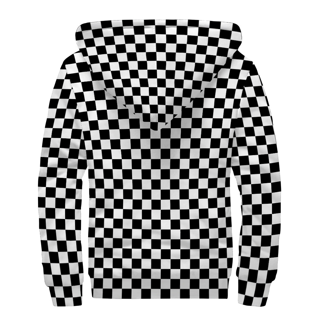 Black And White Checkered Pattern Print Sherpa Lined Zip Up Hoodie