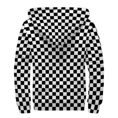 Black And White Checkered Pattern Print Sherpa Lined Zip Up Hoodie