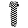 Black And White Checkered Pattern Print Short Sleeve Long Nightdress
