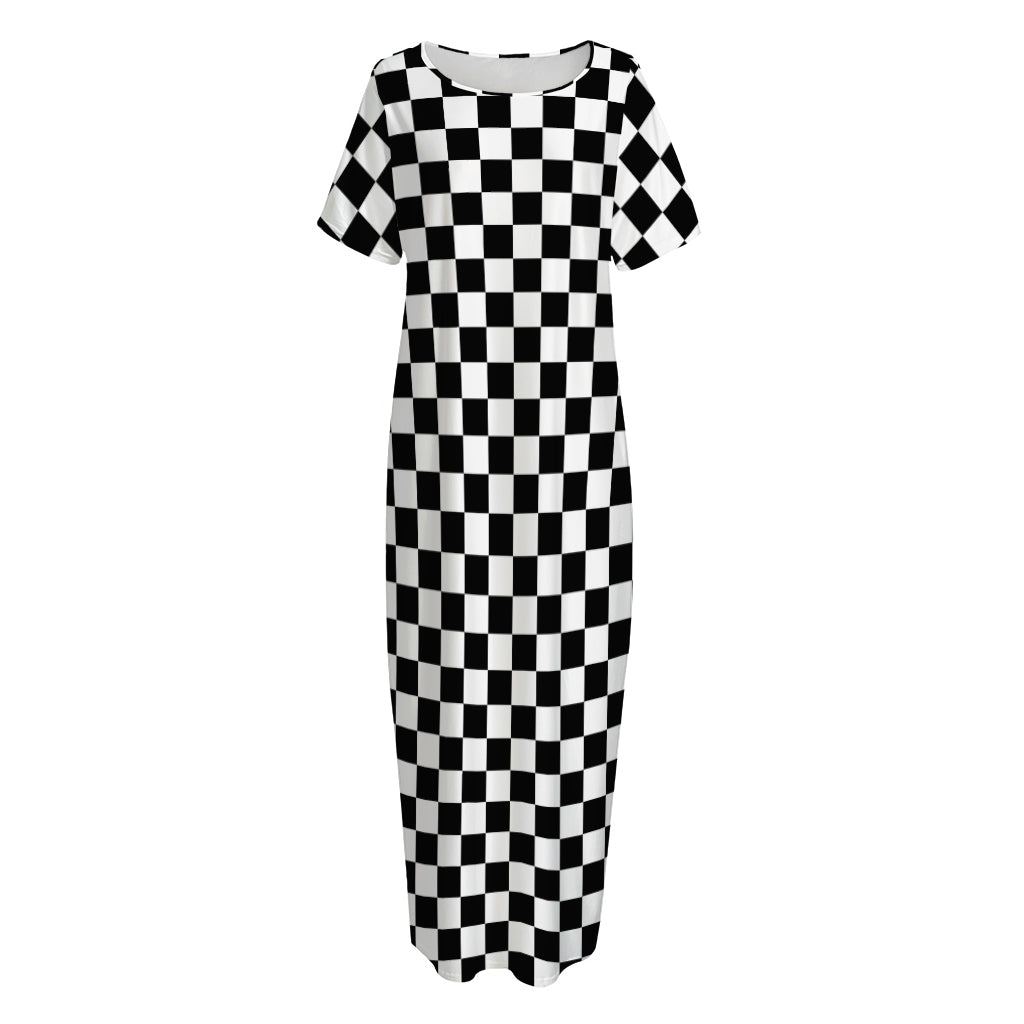 Black And White Checkered Pattern Print Short Sleeve Long Nightdress