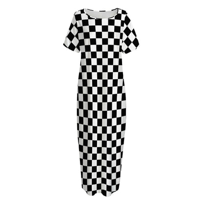 Black And White Checkered Pattern Print Short Sleeve Long Nightdress
