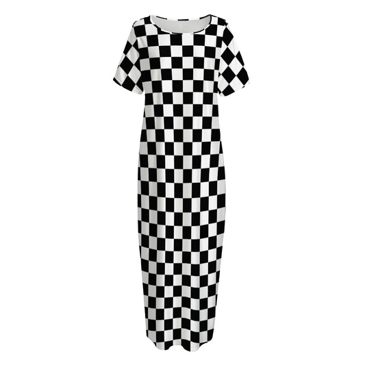 Black And White Checkered Pattern Print Short Sleeve Long Nightdress