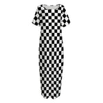 Black And White Checkered Pattern Print Short Sleeve Long Nightdress