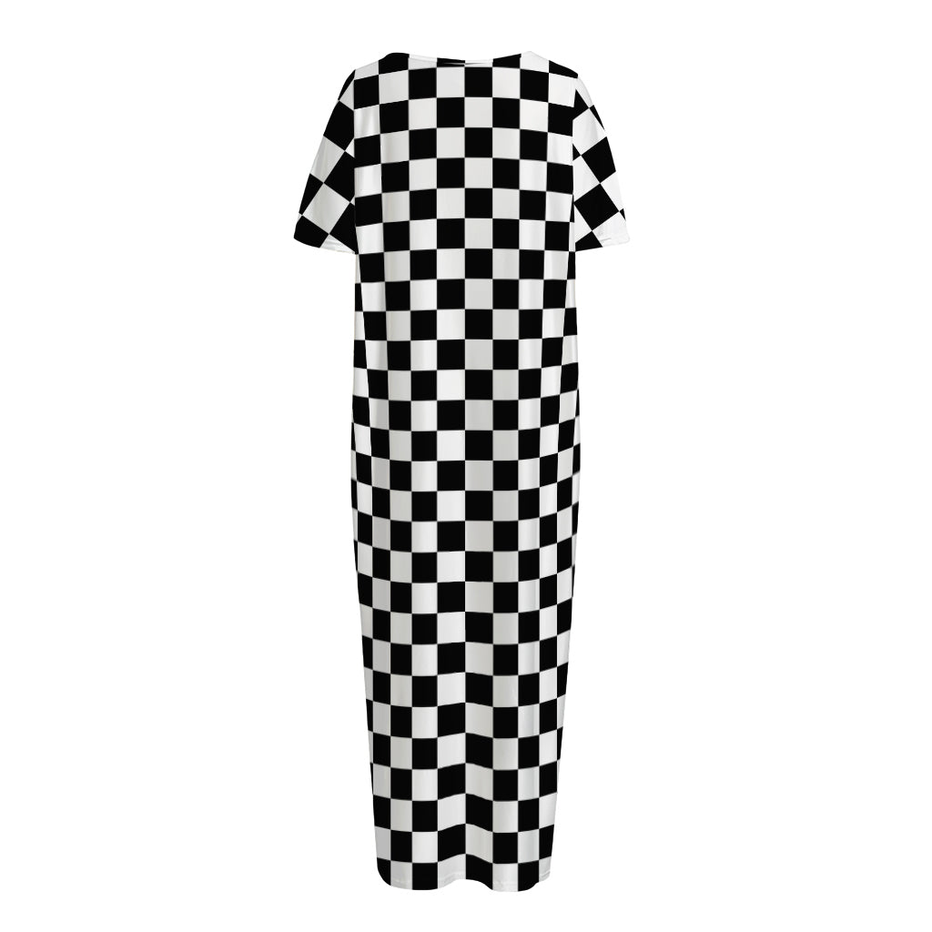Black And White Checkered Pattern Print Short Sleeve Long Nightdress