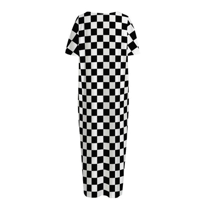 Black And White Checkered Pattern Print Short Sleeve Long Nightdress