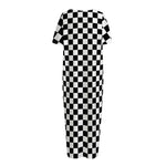 Black And White Checkered Pattern Print Short Sleeve Long Nightdress