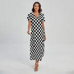 Black And White Checkered Pattern Print Short Sleeve Maxi Dress
