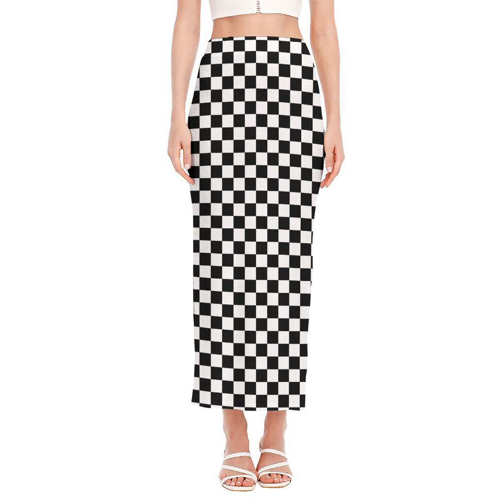 Black And White Checkered Pattern Print Side Slit Maxi Skirt