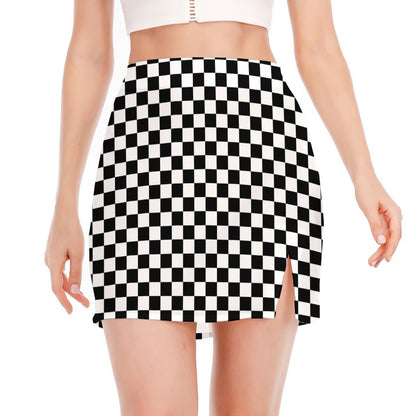 Black And White Checkered Pattern Print Side Slit Mini Skirt