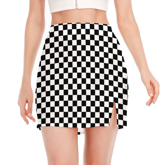 Black And White Checkered Pattern Print Side Slit Mini Skirt