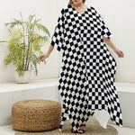 Black And White Checkered Pattern Print Silk V-Neck Kaftan Dress