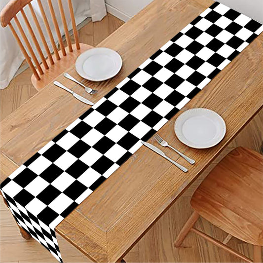 Black And White Checkered Pattern Print Table Runner