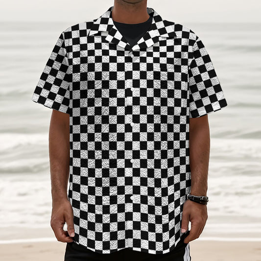 Black And White Checkered Pattern Print Textured Short Sleeve Shirt