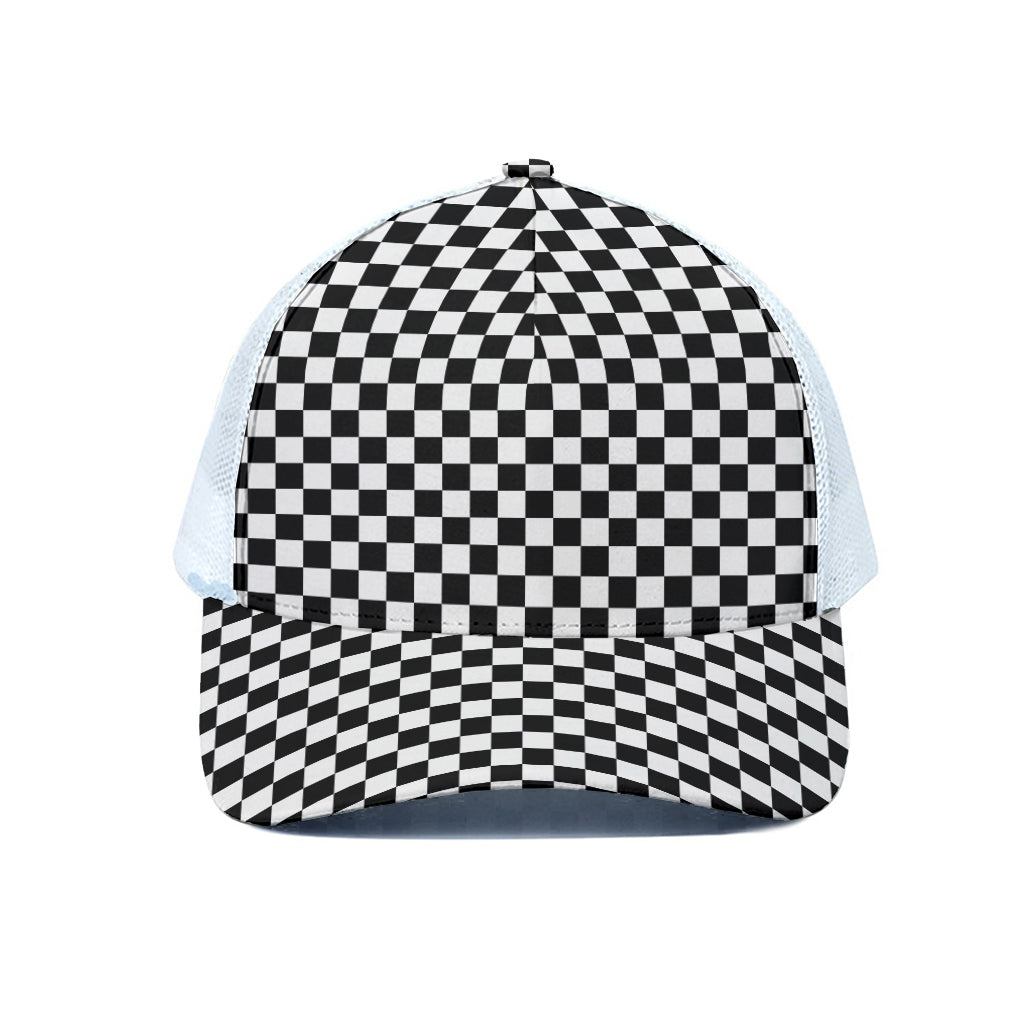 Black And White Checkered Pattern Print White Mesh Trucker Cap