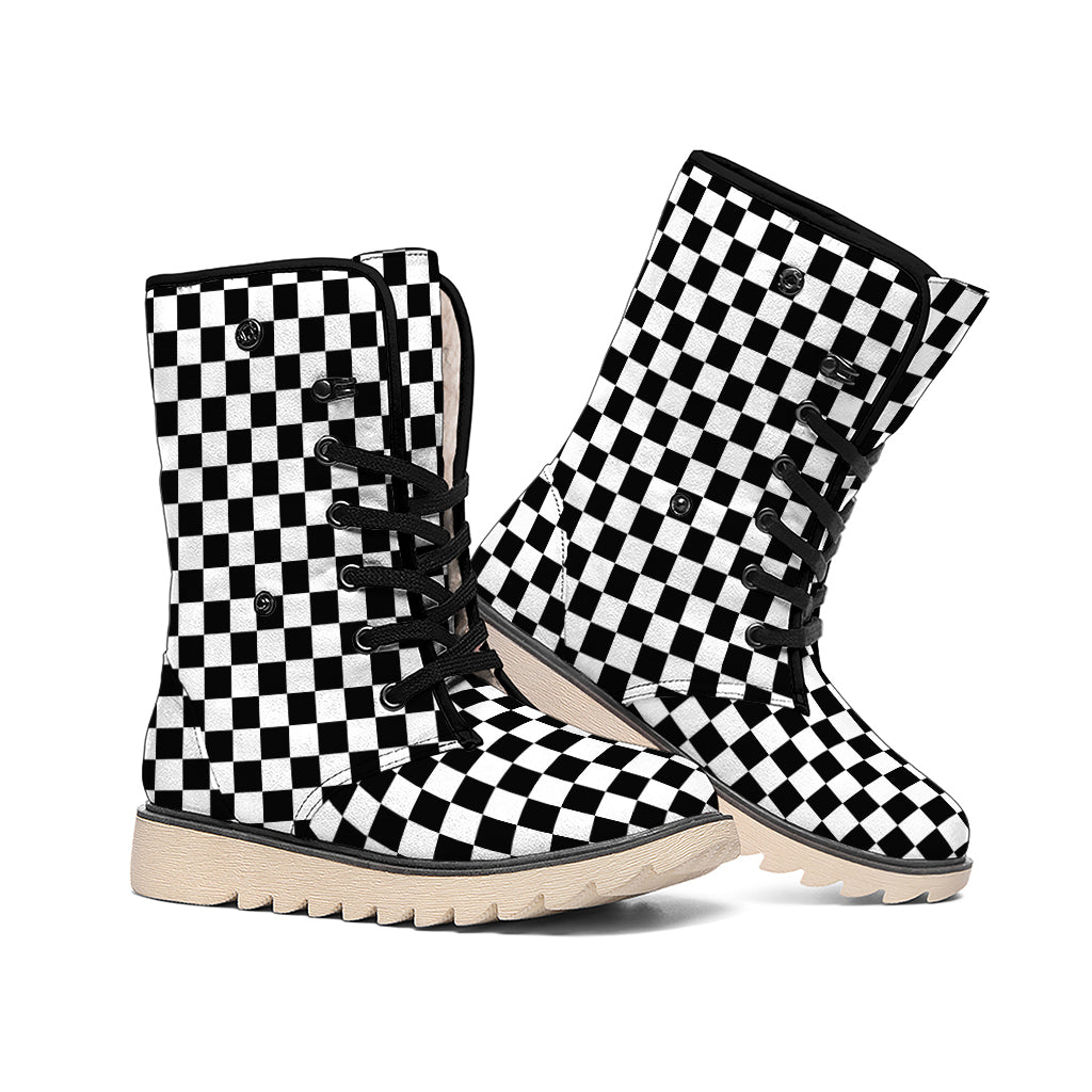 Black And White Checkered Pattern Print Winter Boots
