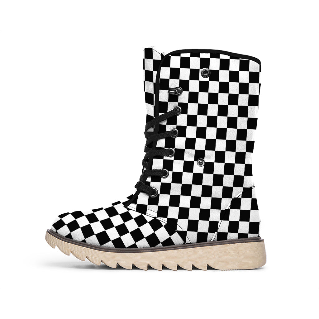 Black And White Checkered Pattern Print Winter Boots