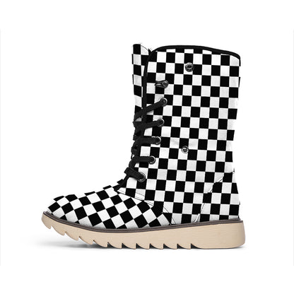 Black And White Checkered Pattern Print Winter Boots