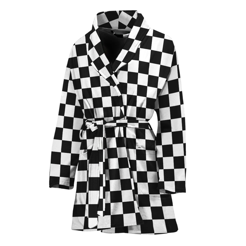 Black And White Checkered Pattern Print Women's Bathrobe