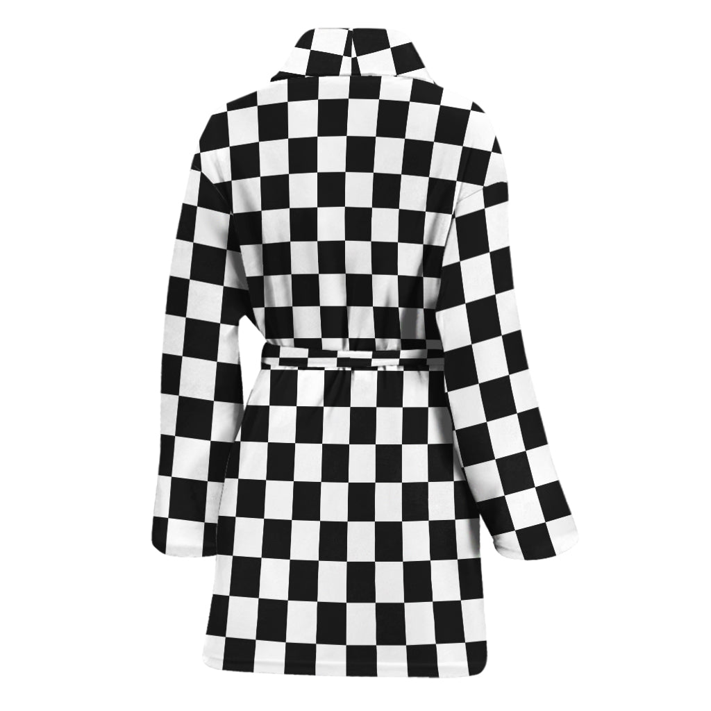 Black And White Checkered Pattern Print Women's Bathrobe