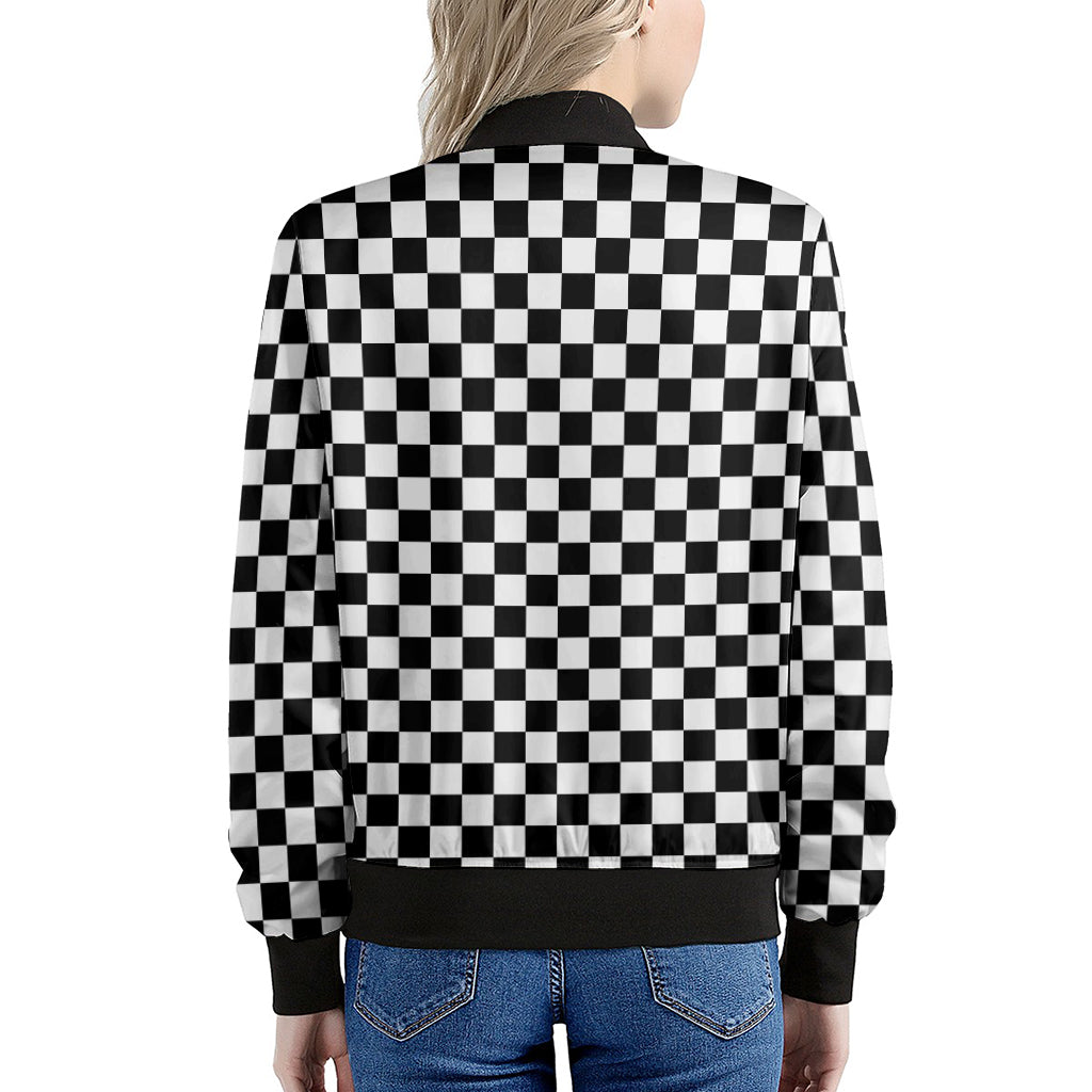 Black And White Checkered Pattern Print Women's Bomber Jacket