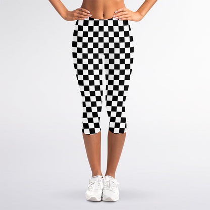 Black And White Checkered Pattern Print Women's Capri Leggings