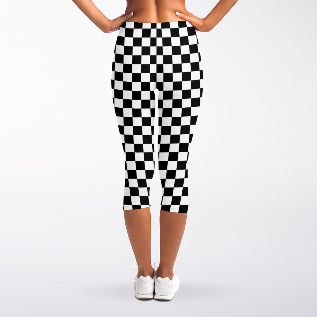 Black And White Checkered Pattern Print Women's Capri Leggings