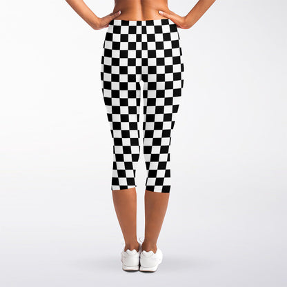 Black And White Checkered Pattern Print Women's Capri Leggings