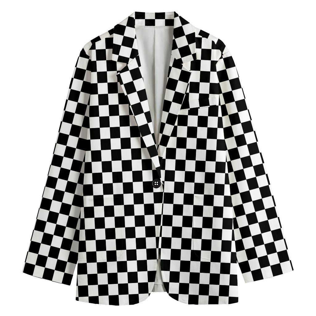Black And White Checkered Pattern Print Women's Cotton Blazer