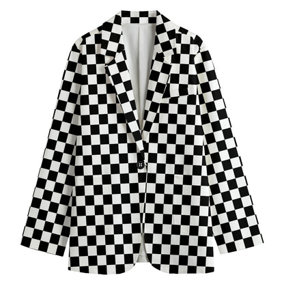Black And White Checkered Pattern Print Women's Cotton Blazer
