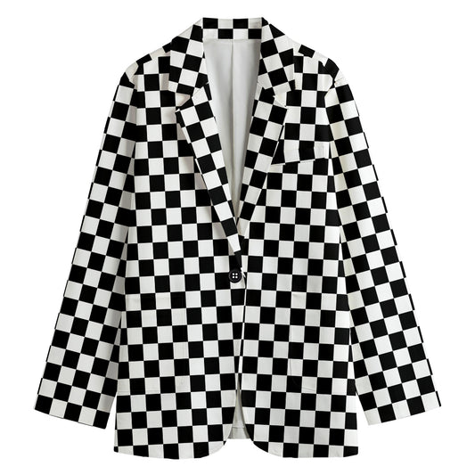 Black And White Checkered Pattern Print Women's Cotton Blazer