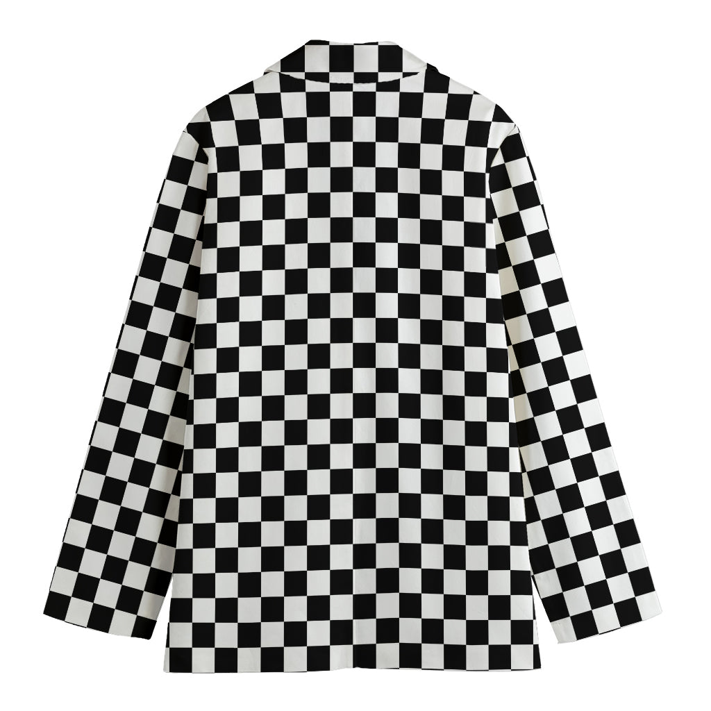 Black And White Checkered Pattern Print Women's Cotton Blazer