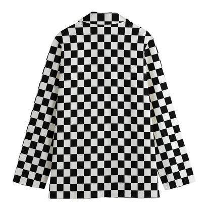 Black And White Checkered Pattern Print Women's Cotton Blazer