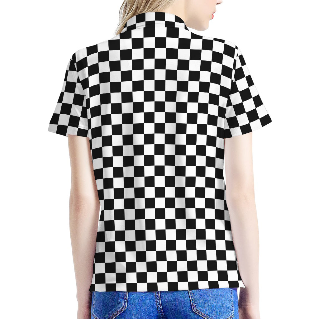 Black And White Checkered Pattern Print Women's Polo Shirt