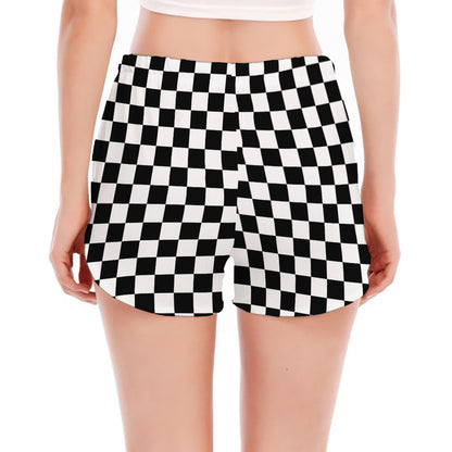 Black And White Checkered Pattern Print Women's Split Running Shorts