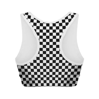 Black And White Checkered Pattern Print Women's Sports Bra