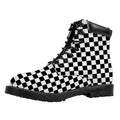 Black And White Checkered Pattern Print Padded Collar Lace Up Boots