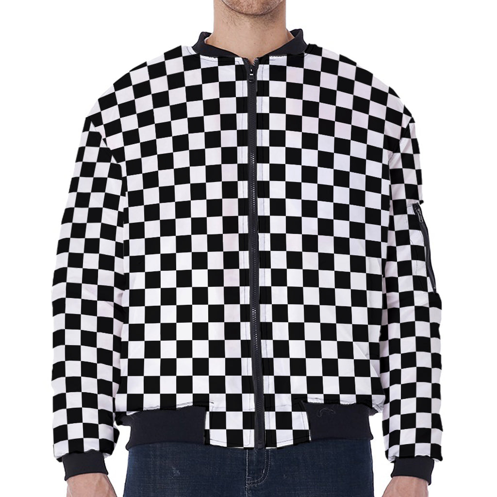Black And White Checkered Pattern Print Zip Sleeve Bomber Jacket
