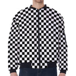 Black And White Checkered Pattern Print Zip Sleeve Bomber Jacket