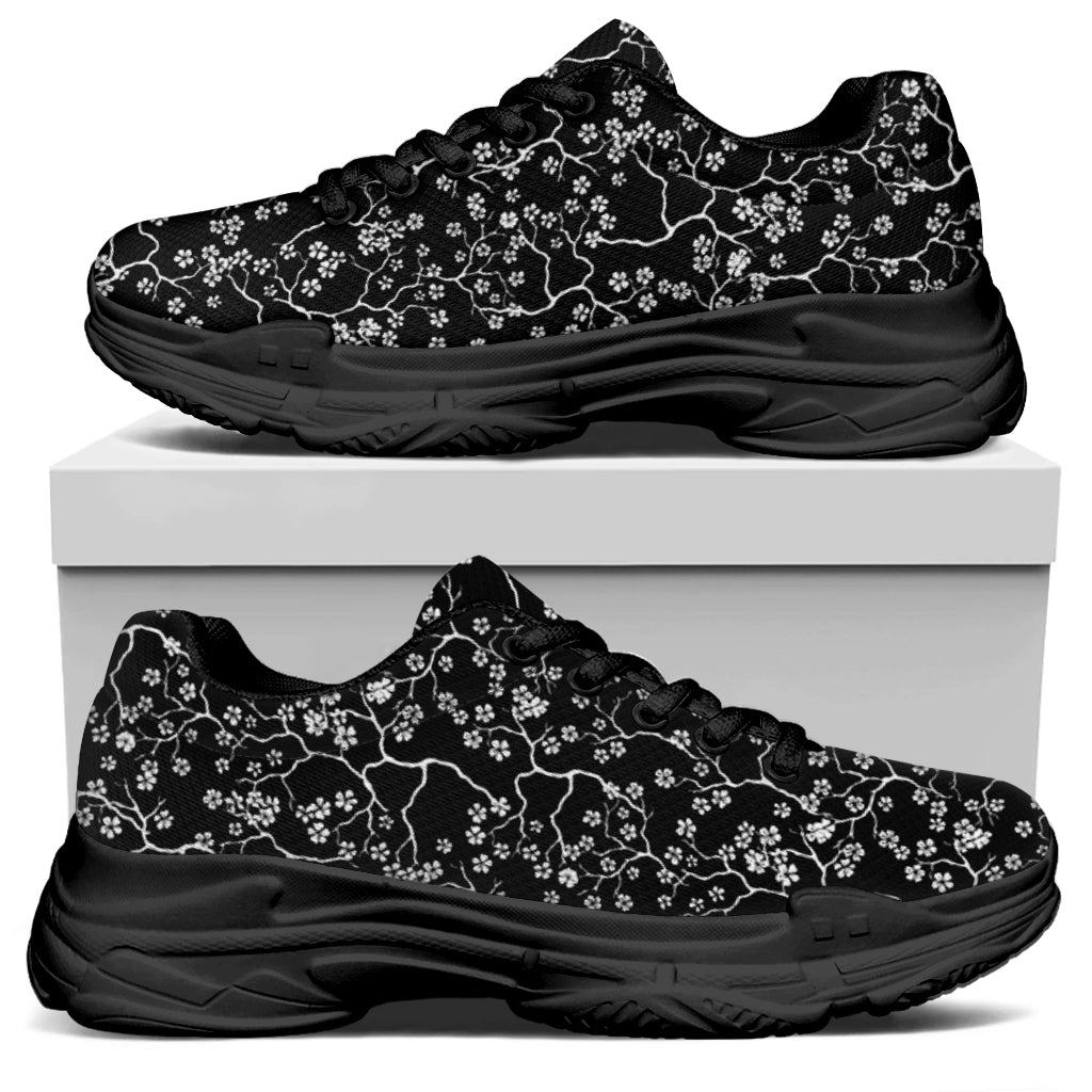 Black And White Cherry Blossom Print Black Chunky Shoes